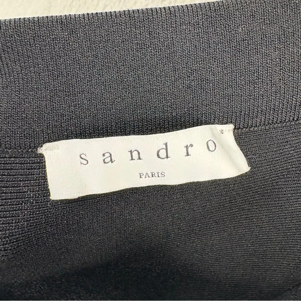 Sandro Paris Black Knit Midi Flare Skirt Striped Waist Size 2